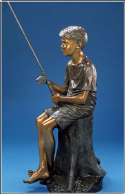 現代小男孩釣魚(yú)人物銅雕塑